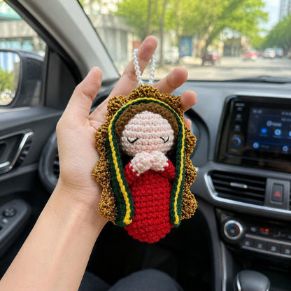 Crochet Virgin Mary Car Hanging Charm - Handmade Our Lady Rearview Mirror Ornament Catholic Car Decor
