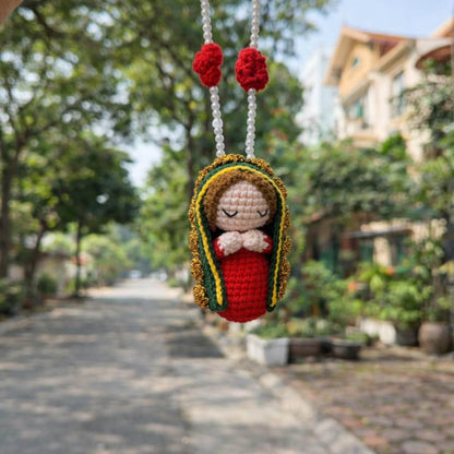 Crochet Virgin Mary Car Hanging Charm - Handmade Our Lady Rearview Mirror Ornament Catholic Car Decor