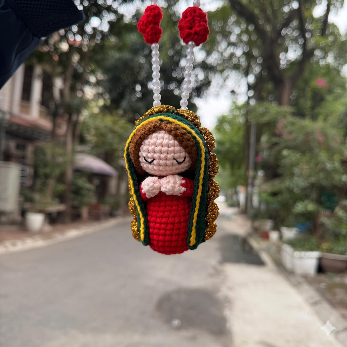 Crochet Virgin Mary Car Hanging Charm - Handmade Our Lady Rearview Mirror Ornament Catholic Car Decor
