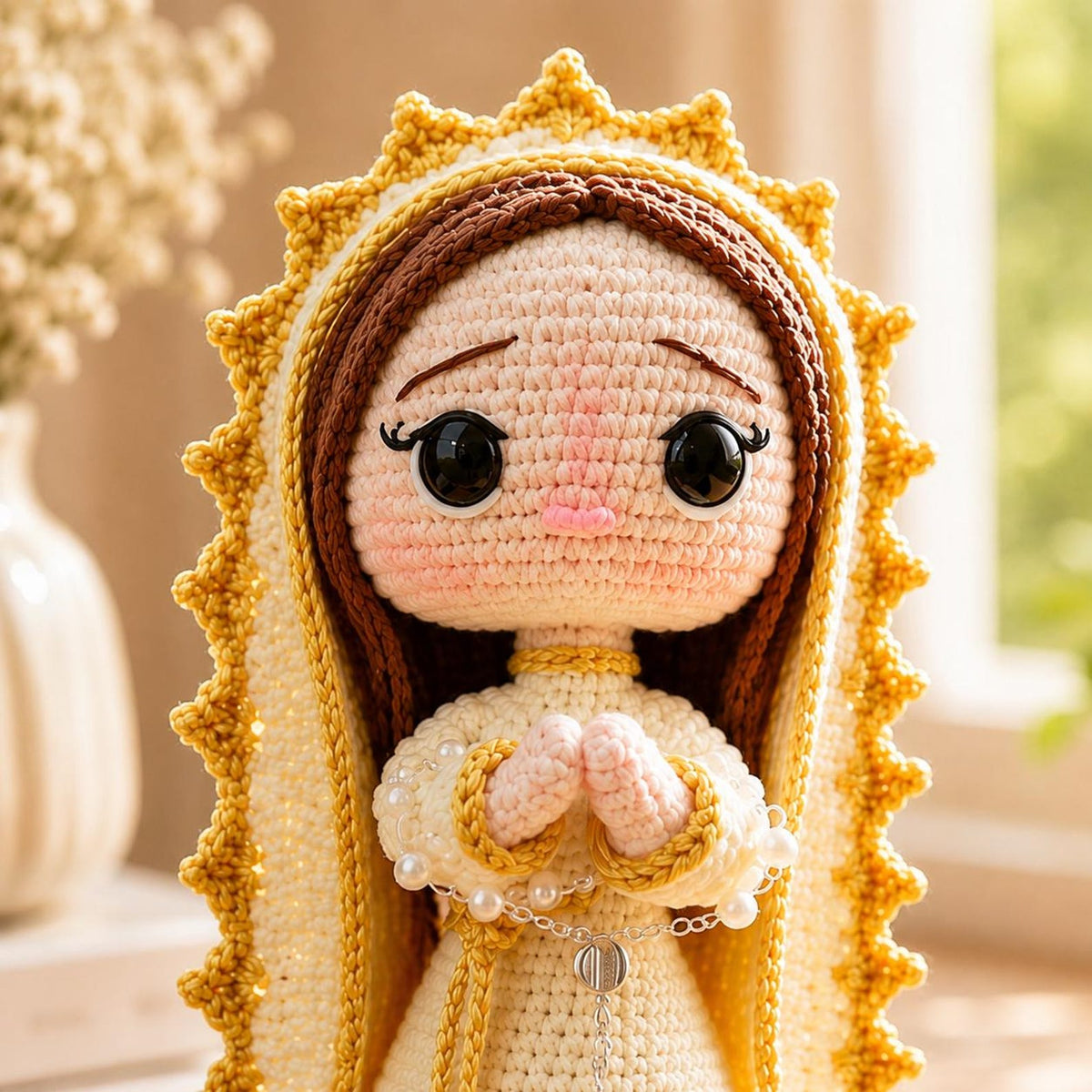 Handmade Virgin Mary Crochet Doll, Cream Gold Praying Our Lady Religious Decor