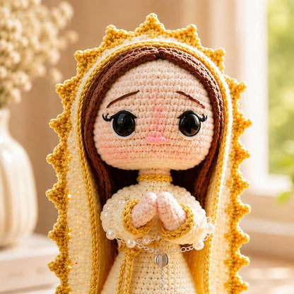 Handmade Virgin Mary Crochet Doll, Cream Gold Praying Our Lady Religious Decor