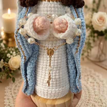 Virgin Mary Crochet Doll, Handmade Catholic Altar Decor, Queen of Heaven Rosary Gift for Mom, Religious Prayer Figure