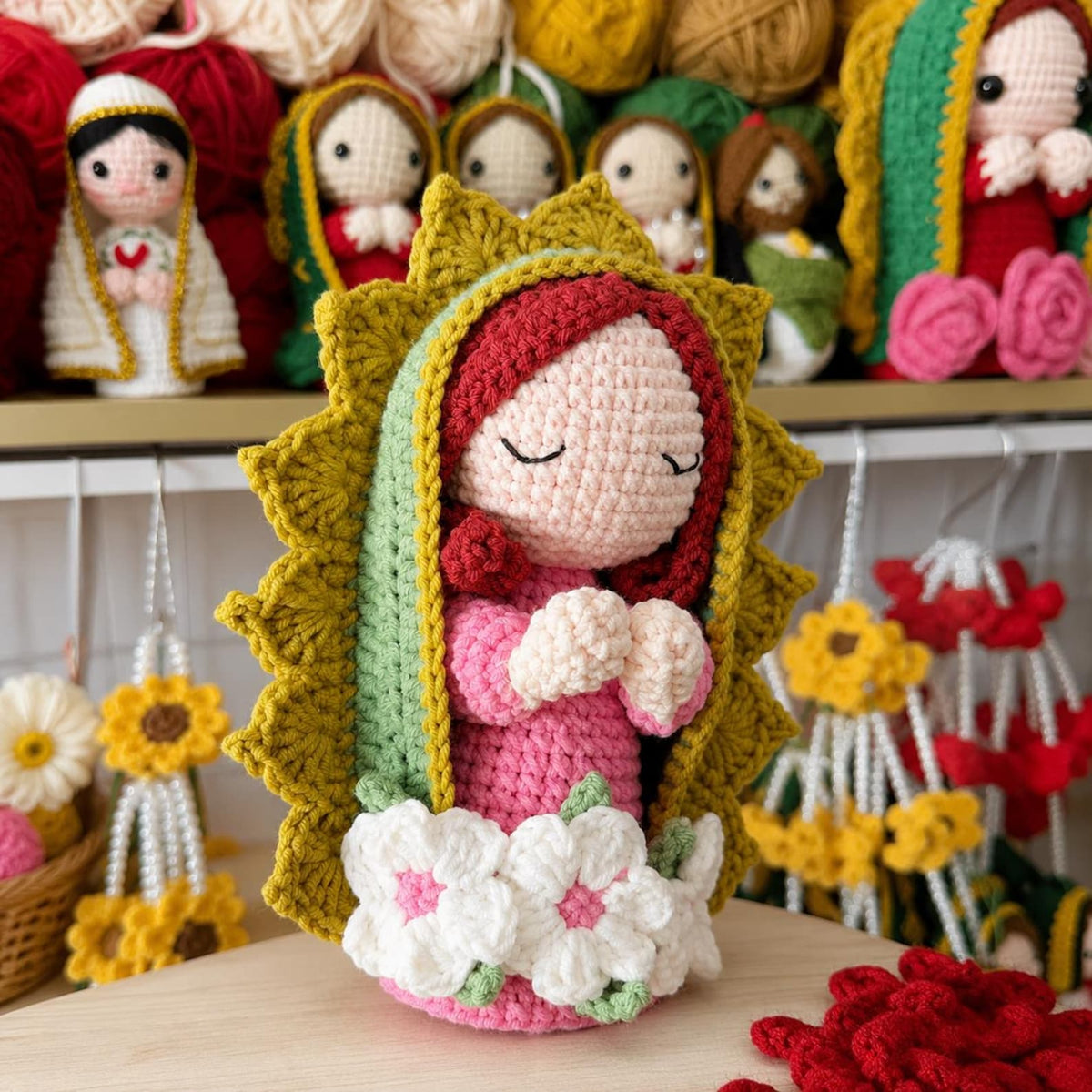 Our Lady of Guadalupe Crochet Doll, Floral Catholic Altar Decor, Prayer Gift for Mom
