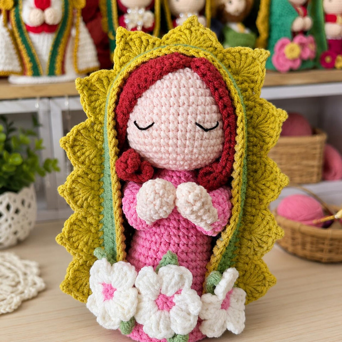 Our Lady of Guadalupe Crochet Doll, Floral Catholic Altar Decor, Prayer Gift for Mom