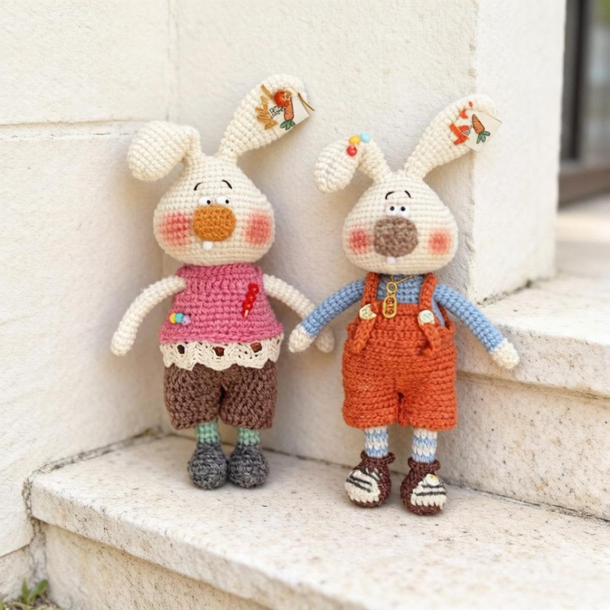Hand Knit Wool Rabbit Pair Sculptures Rustic Household Embellishments Premium Curios Nuptial Gathering Christmas Holiday Trinkets