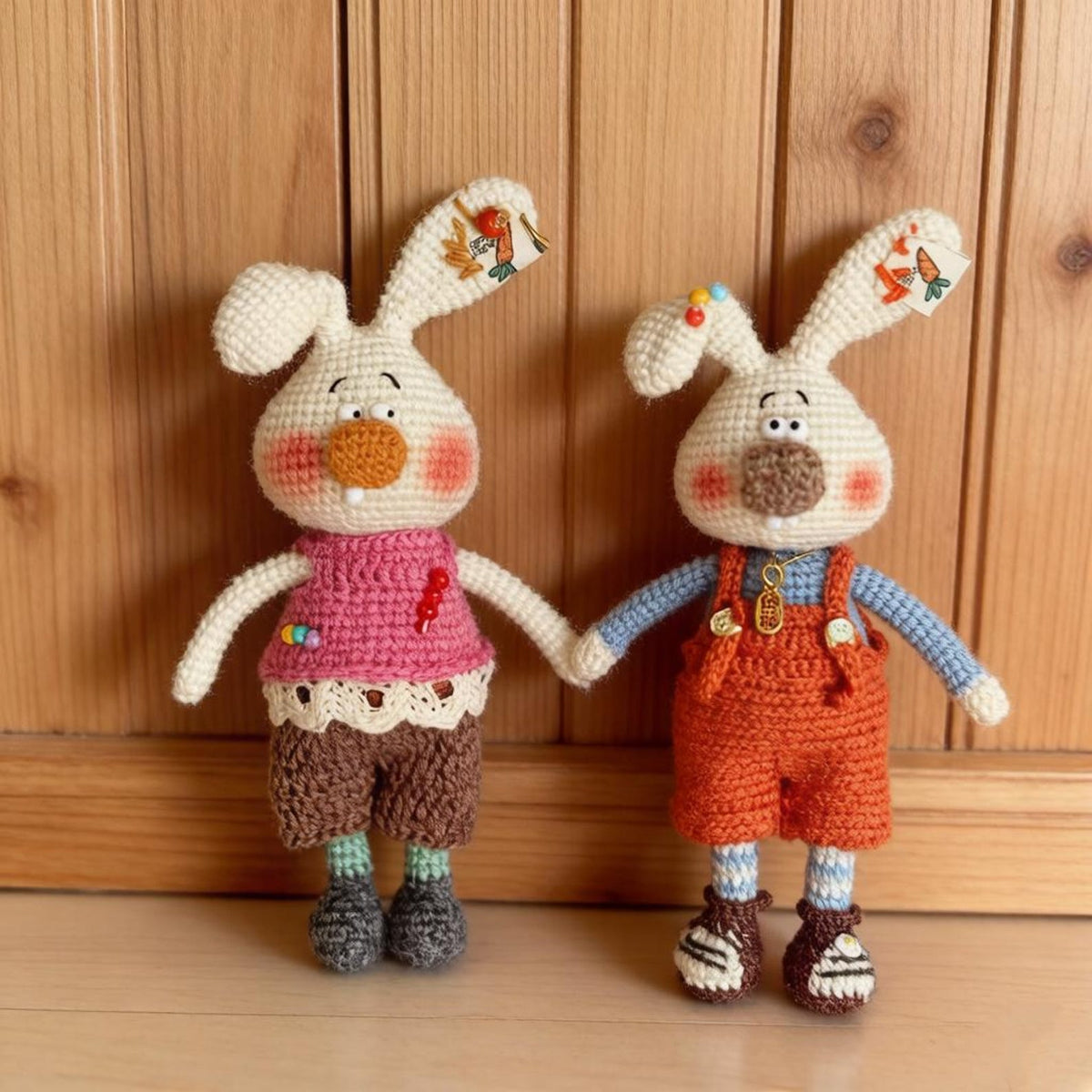 Hand Knit Wool Rabbit Pair Sculptures Rustic Household Embellishments Premium Curios Nuptial Gathering Christmas Holiday Trinkets