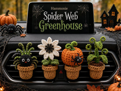 Halloween Crochet Car Vent Clips, Handmade Halloween Car Decor, Spider Pumpkin Flower Plant Vent Clip, Handmade Spooky Car Charm