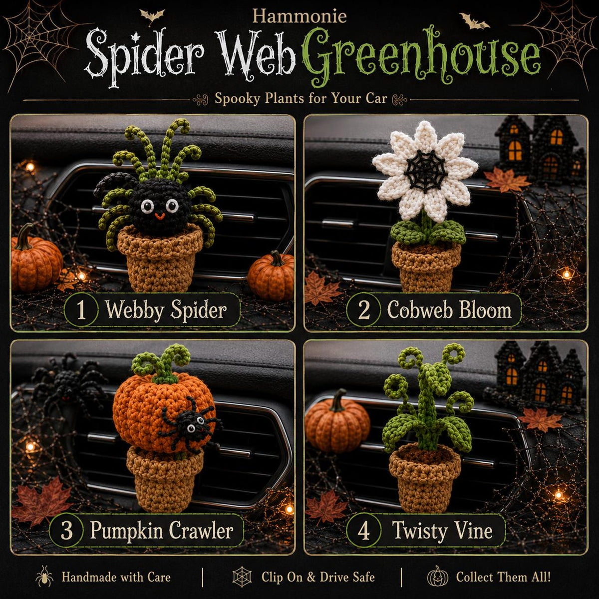 Halloween Crochet Car Vent Clips, Handmade Halloween Car Decor, Spider Pumpkin Flower Plant Vent Clip, Handmade Spooky Car Charm
