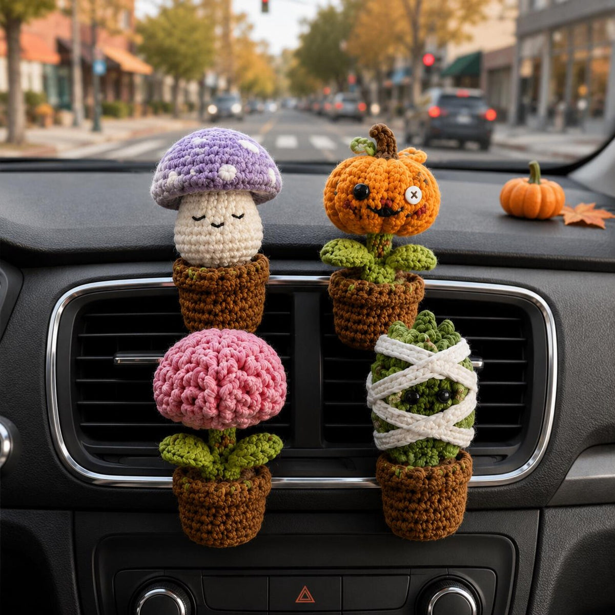 Halloween Crochet Car Vent Clips, Zombie Garden Pals Car Decor, Pumpkin Brain Mummy Cactus Mushroom Vent Clip, Handmade Spooky Car Charm