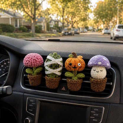 Halloween Crochet Car Vent Clips, Zombie Garden Pals Car Decor, Pumpkin Brain Mummy Cactus Mushroom Vent Clip, Handmade Spooky Car Charm