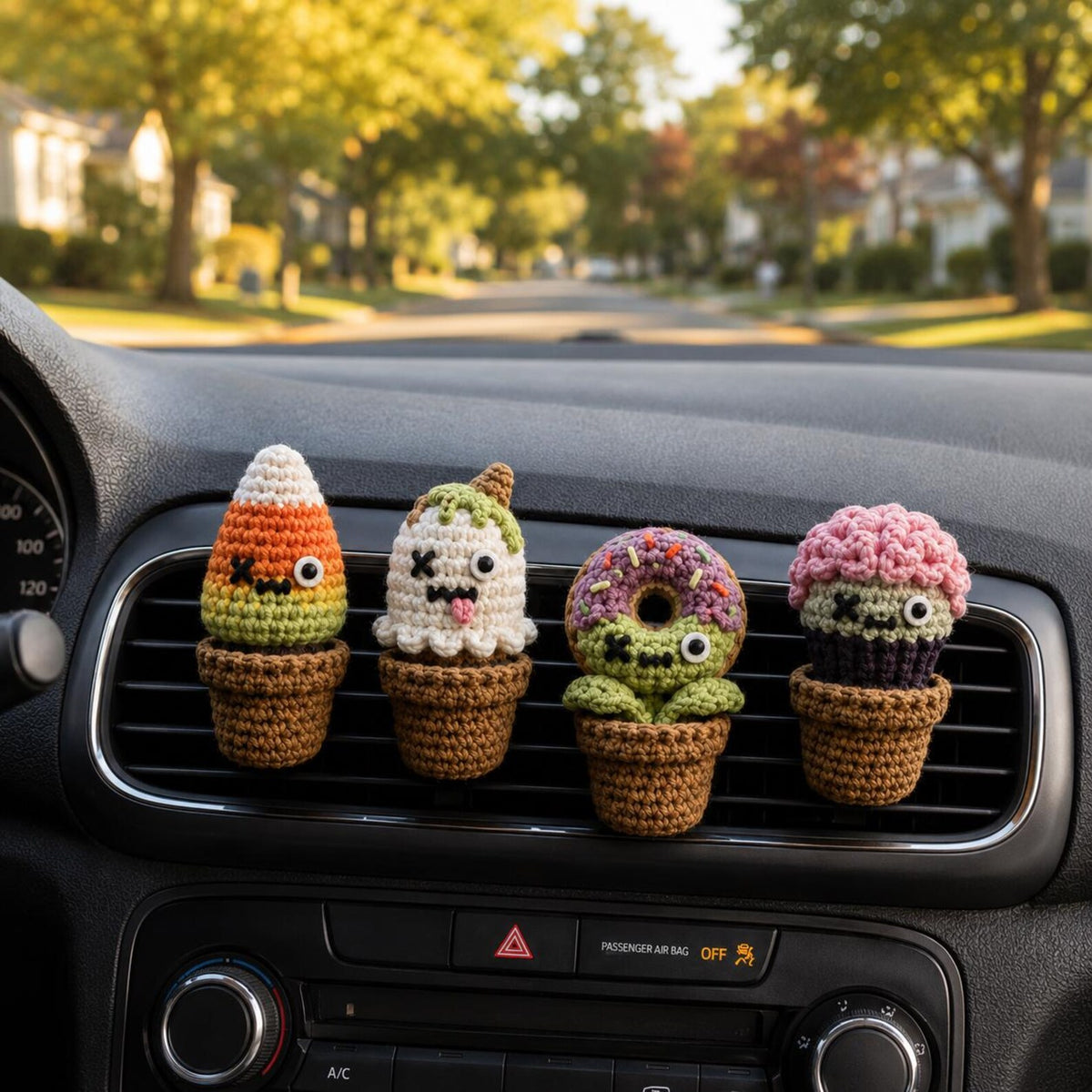 Halloween Crochet Car Vent Clip, Zombie Dessert Garden Car Decor, Cute Cupcake Candy Corn Donut Ghost Vent Clip, Handmade Spooky Car Charm