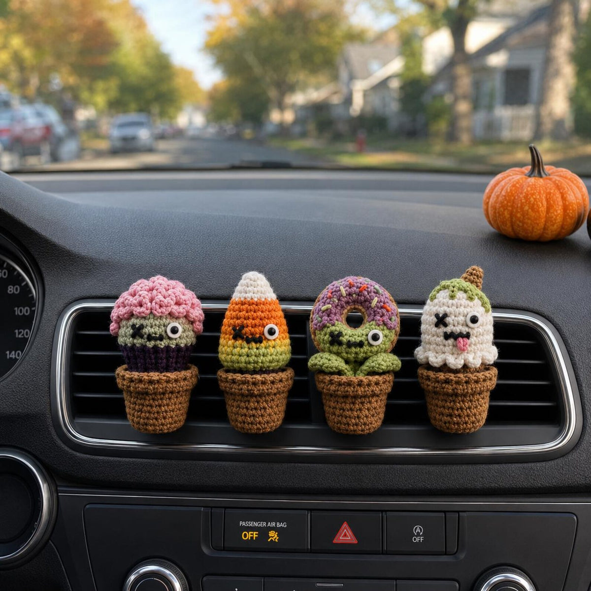 Halloween Crochet Car Vent Clip, Zombie Dessert Garden Car Decor, Cute Cupcake Candy Corn Donut Ghost Vent Clip, Handmade Spooky Car Charm