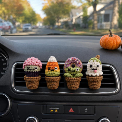 Halloween Crochet Car Vent Clip, Zombie Dessert Garden Car Decor, Cute Cupcake Candy Corn Donut Ghost Vent Clip, Handmade Spooky Car Charm