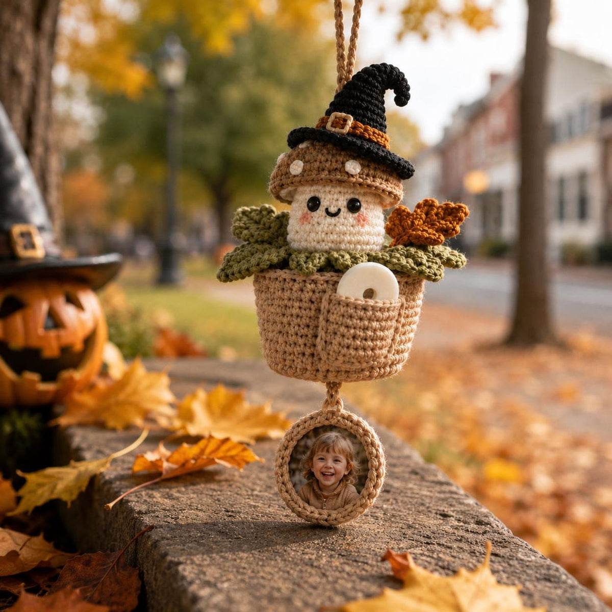 Personalized Crochet Halloween Car Hanging, Custom Photo Car Ornament, Car Air Freshener, Scent Tablet Holder, Cute Car Accessories