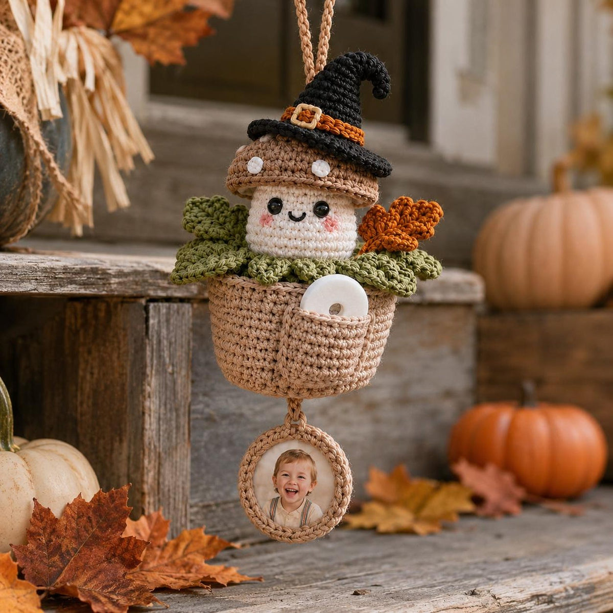 Personalized Crochet Halloween Car Hanging, Custom Photo Car Ornament, Car Air Freshener, Scent Tablet Holder, Cute Car Accessories