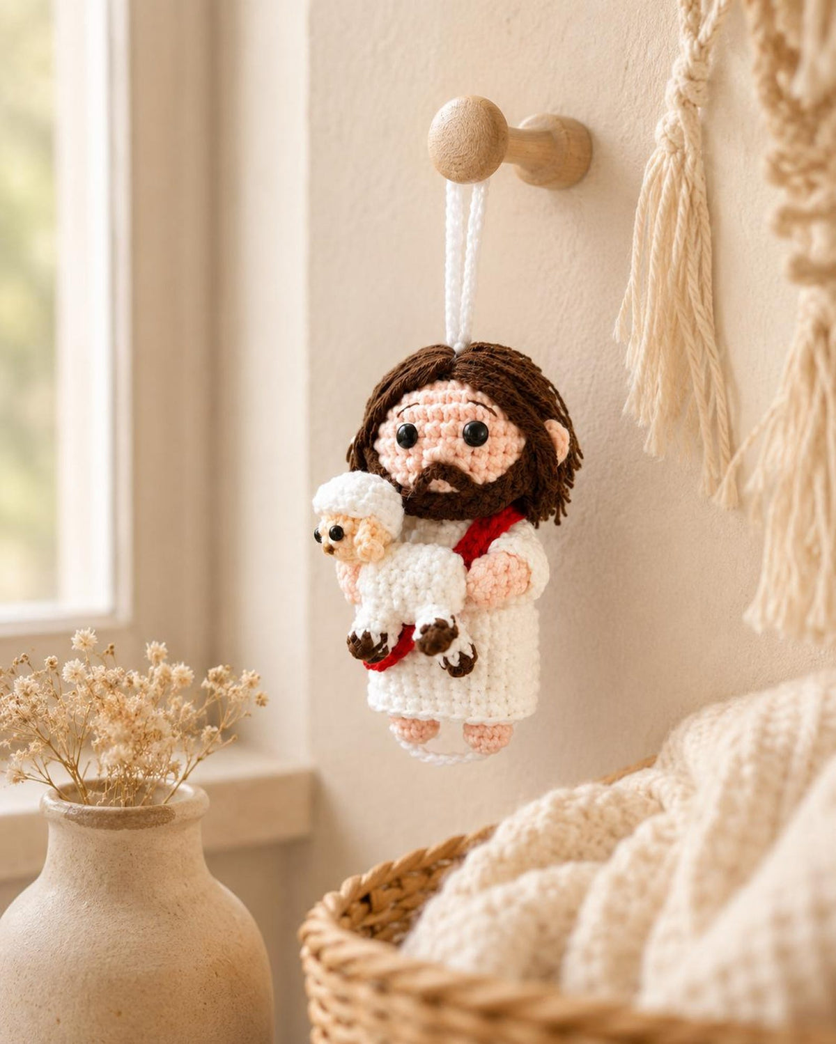 Crochet Jesus And Lamb Car Charm Rearview Mirror Hanging Decor Religious Gift For Drivers Spiritual Auto Accessory Handmade Keepsake