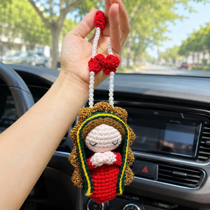 Crochet Virgin Mary Car Charm – Handmade Our Lady Rearview Mirror Ornament Catholic Decor