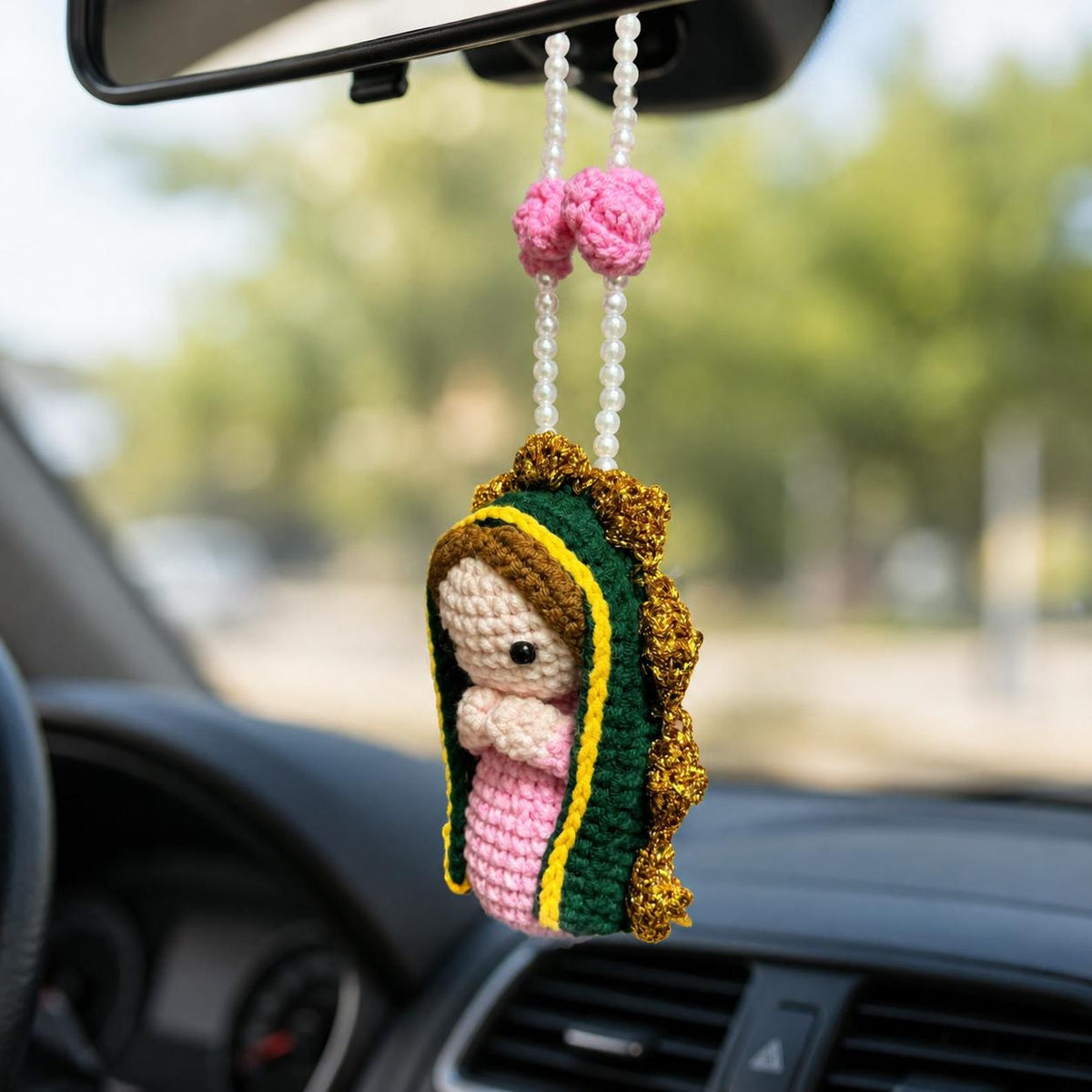 Crochet Virgin Mary Car Charm – Handmade Our Lady Rearview Mirror Ornament Catholic Decor