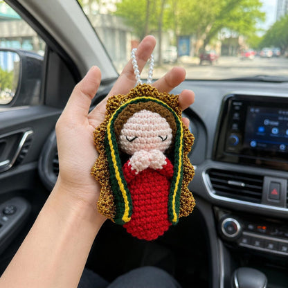 Crochet Virgin Mary Car Charm – Handmade Our Lady Rearview Mirror Ornament Catholic Decor