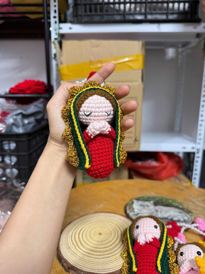 Crochet Virgin Mary Car Charm – Handmade Our Lady Rearview Mirror Ornament Catholic Decor