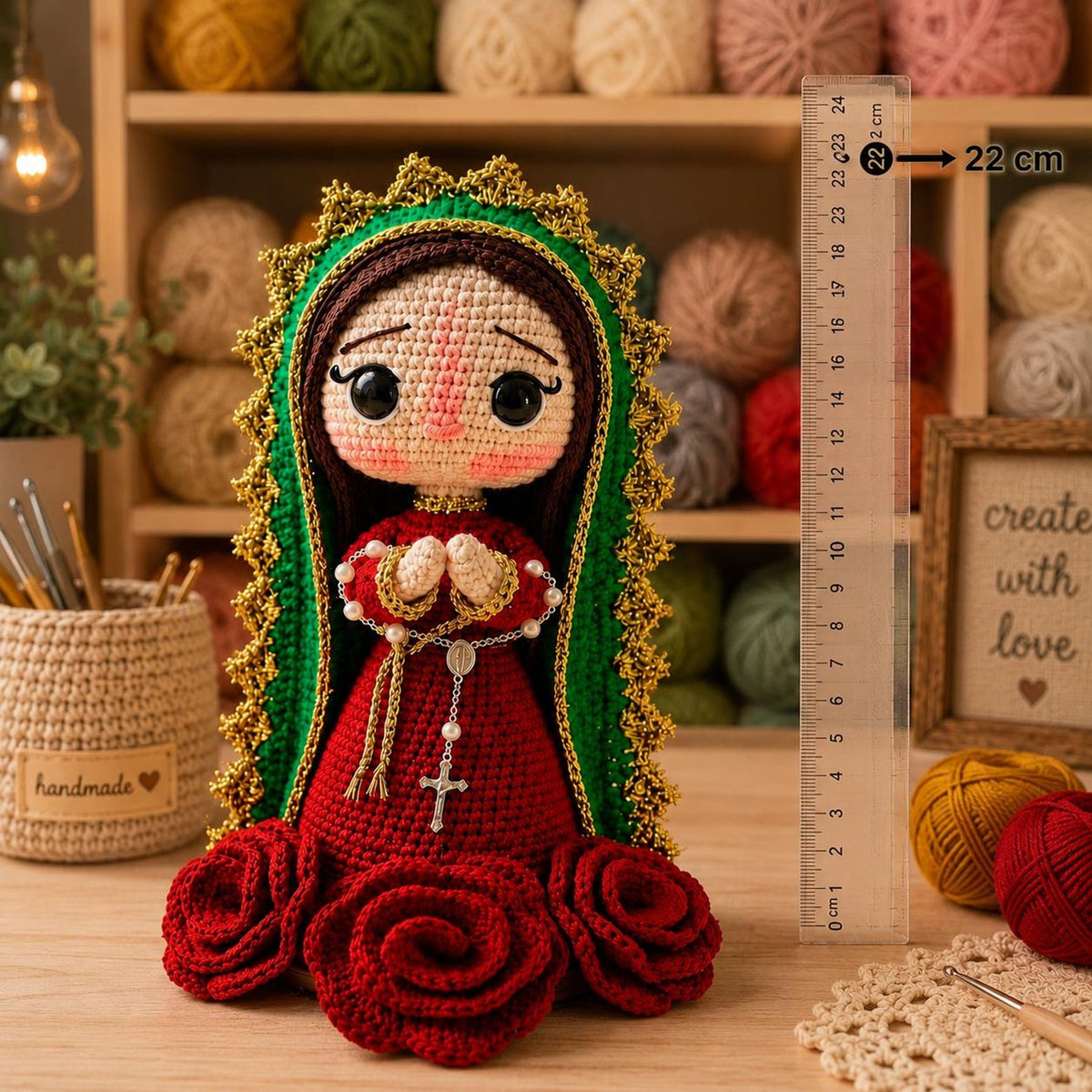 Our Lady of Guadalupe Crochet Doll - Virgin Mary Amigurumi Handmade Catholic Statue Home Altar Decor