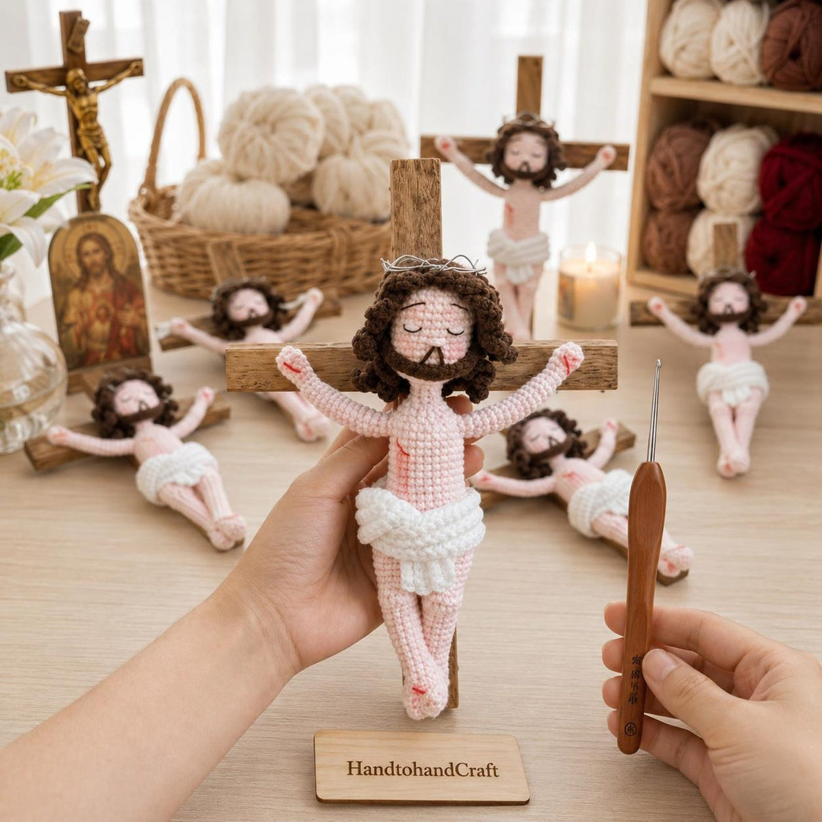 Handmade Crochet Jesus on the Cross - Amigurumi Crucifix Catholic Figurine Religious Home Altar Decor