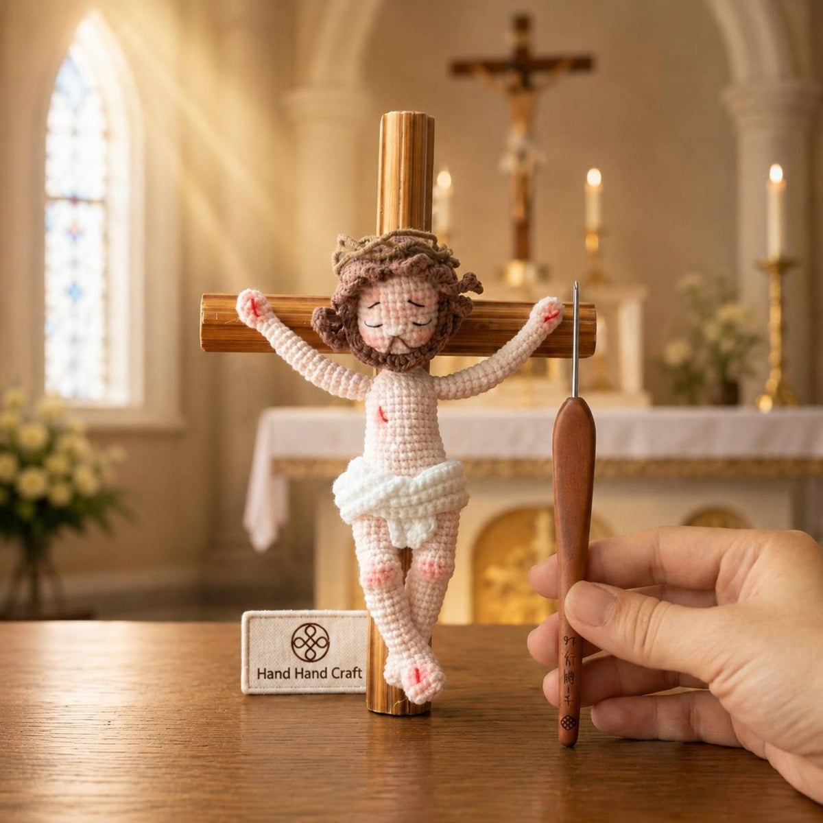 Handmade Crochet Jesus on the Cross - Amigurumi Crucifix Catholic Figurine Religious Home Altar Decor