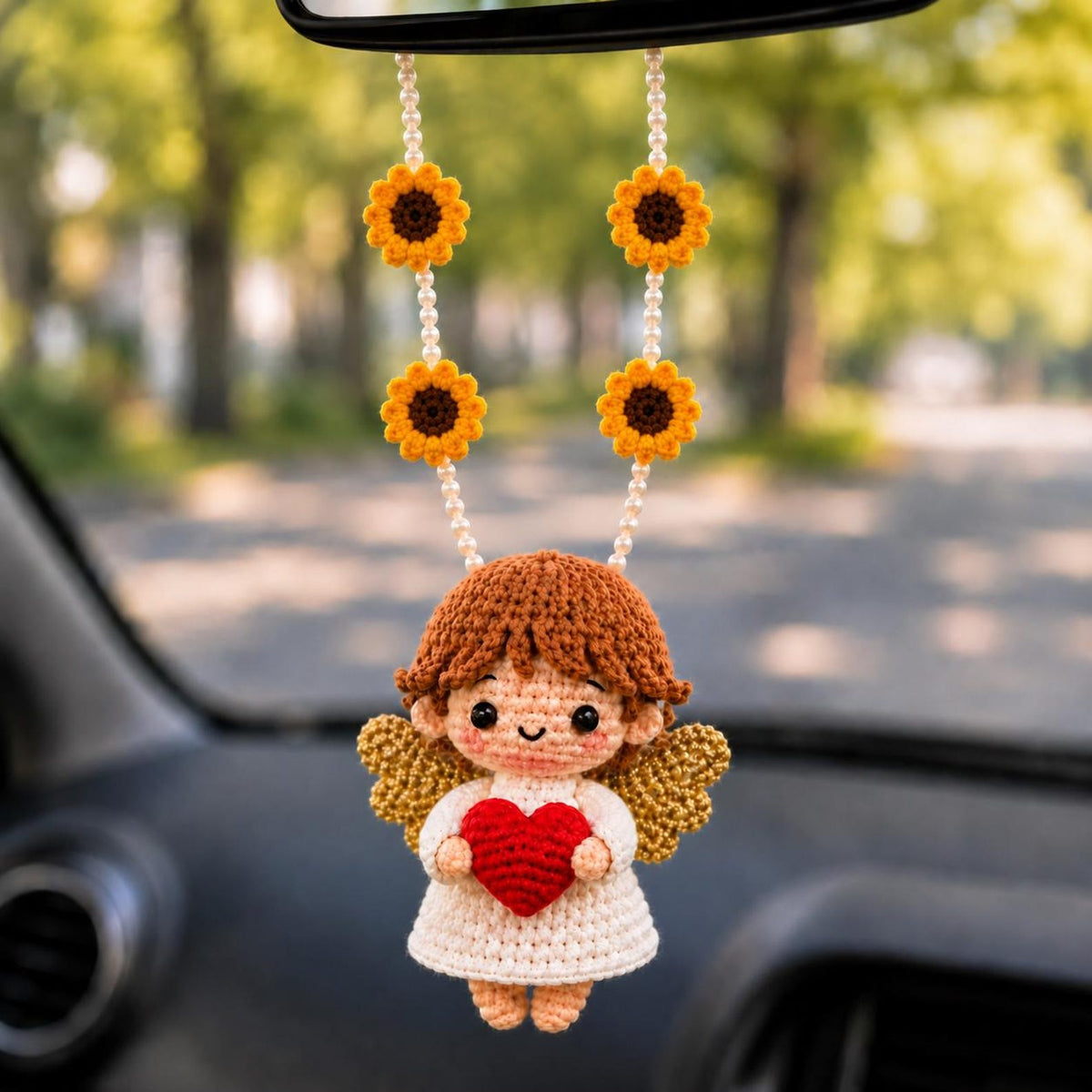 Crochet Angel Car Charm, Guardian Angel Rearview Mirror Hanging, Christian Car Decor, Handmade Religious Gift, Heart Angel Ornament