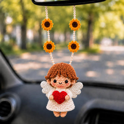 Crochet Angel Car Charm, Guardian Angel Rearview Mirror Hanging, Christian Car Decor, Handmade Religious Gift, Heart Angel Ornament