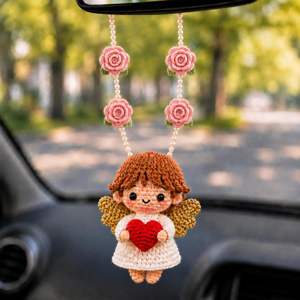 Crochet Angel Car Charm, Guardian Angel Rearview Mirror Hanging, Christian Car Decor, Handmade Religious Gift, Heart Angel Ornament