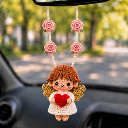 Crochet Angel Car Charm, Guardian Angel Rearview Mirror Hanging, Christian Car Decor, Handmade Religious Gift, Heart Angel Ornament