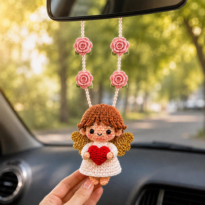 Crochet Angel Car Charm, Guardian Angel Rearview Mirror Hanging, Christian Car Decor, Handmade Religious Gift, Heart Angel Ornament