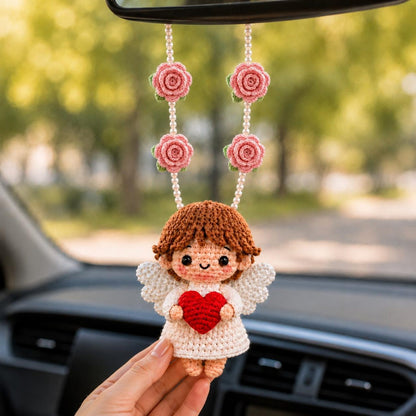 Crochet Angel Car Charm, Guardian Angel Rearview Mirror Hanging, Christian Car Decor, Handmade Religious Gift, Heart Angel Ornament