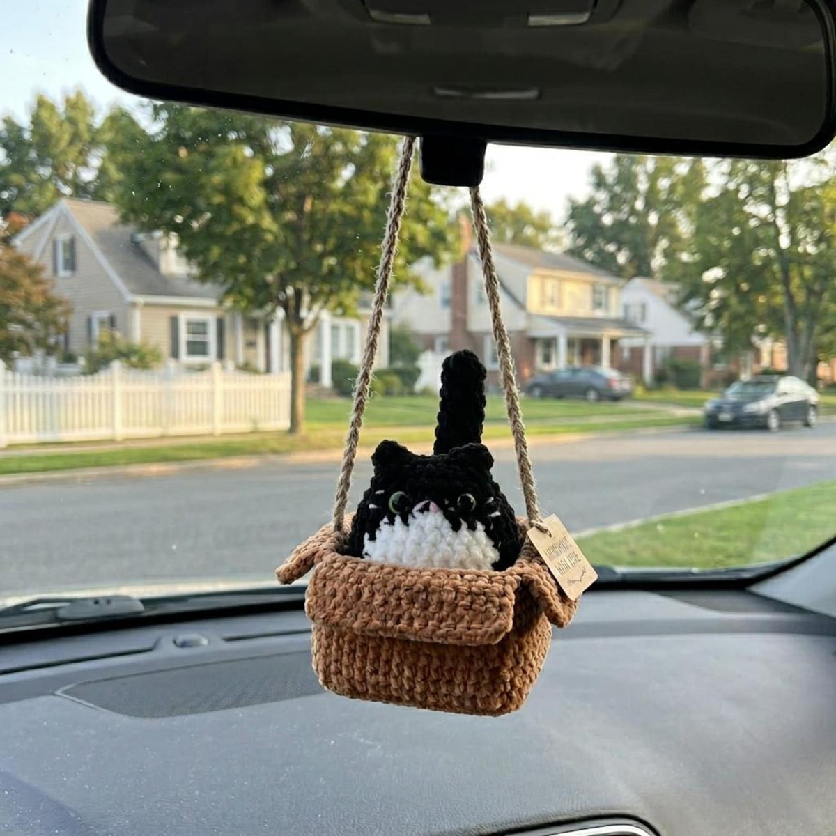 Custom Crochet Cat in Box Car Mirror Charm, Cute Cat in Carton Box Car Accessory, Handmade Kitten Rearview Mirror Hanger, Cat Lover Gift
