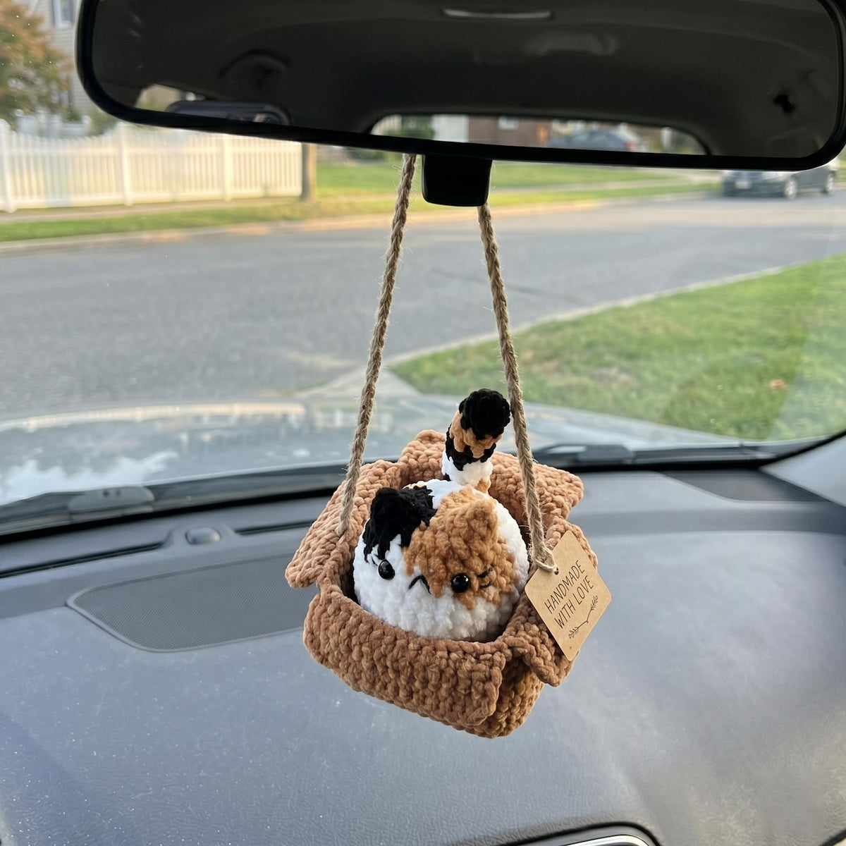 Custom Crochet Cat in Box Car Mirror Charm, Cute Cat in Carton Box Car Accessory, Handmade Kitten Rearview Mirror Hanger, Cat Lover Gift