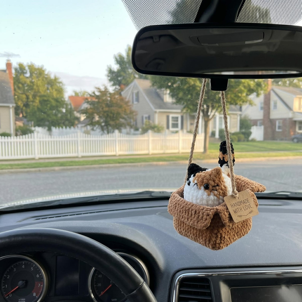Custom Crochet Cat in Box Car Mirror Charm, Cute Cat in Carton Box Car Accessory, Handmade Kitten Rearview Mirror Hanger, Cat Lover Gift