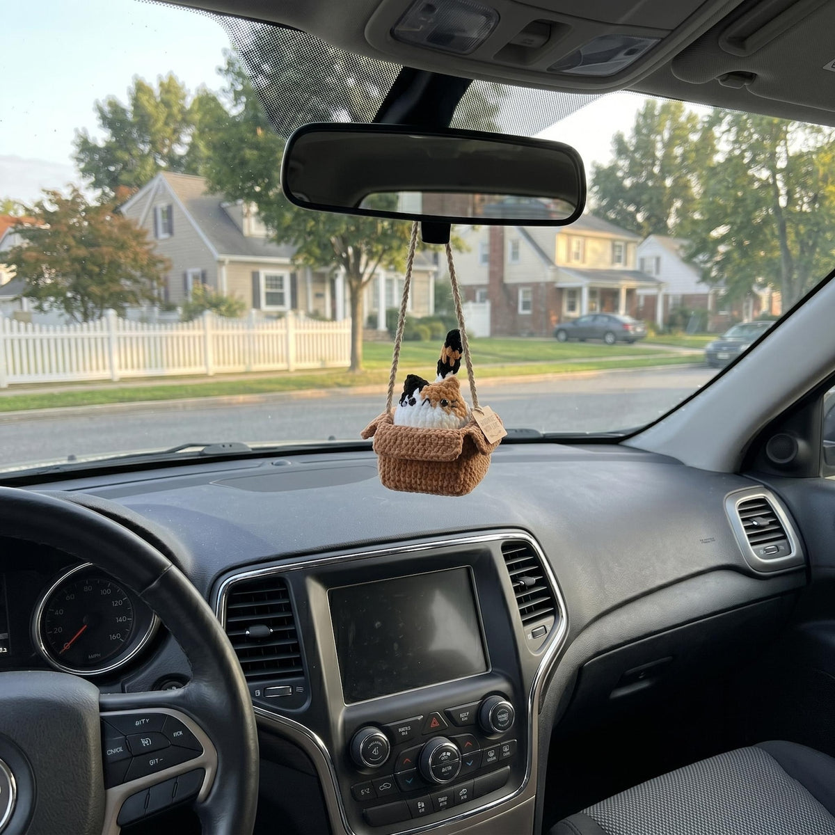 Custom Crochet Cat in Box Car Mirror Charm, Cute Cat in Carton Box Car Accessory, Handmade Kitten Rearview Mirror Hanger, Cat Lover Gift