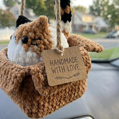 Custom Crochet Cat in Box Car Mirror Charm, Cute Cat in Carton Box Car Accessory, Handmade Kitten Rearview Mirror Hanger, Cat Lover Gift
