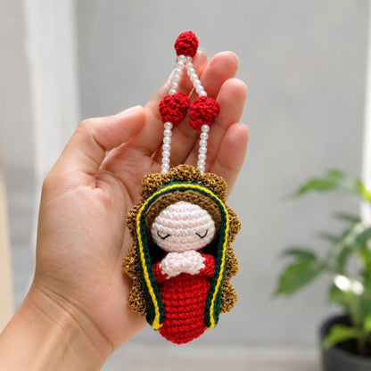Crochet Virgin Mary Car Hanging Charm - Handmade Our Lady Rearview Mirror Ornament Catholic Car Decor