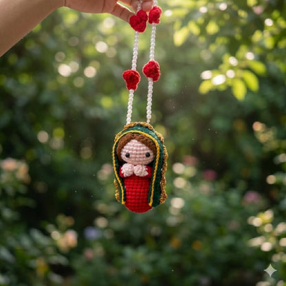 Crochet Virgin Mary Car Hanging Charm - Handmade Our Lady Rearview Mirror Ornament Catholic Car Decor