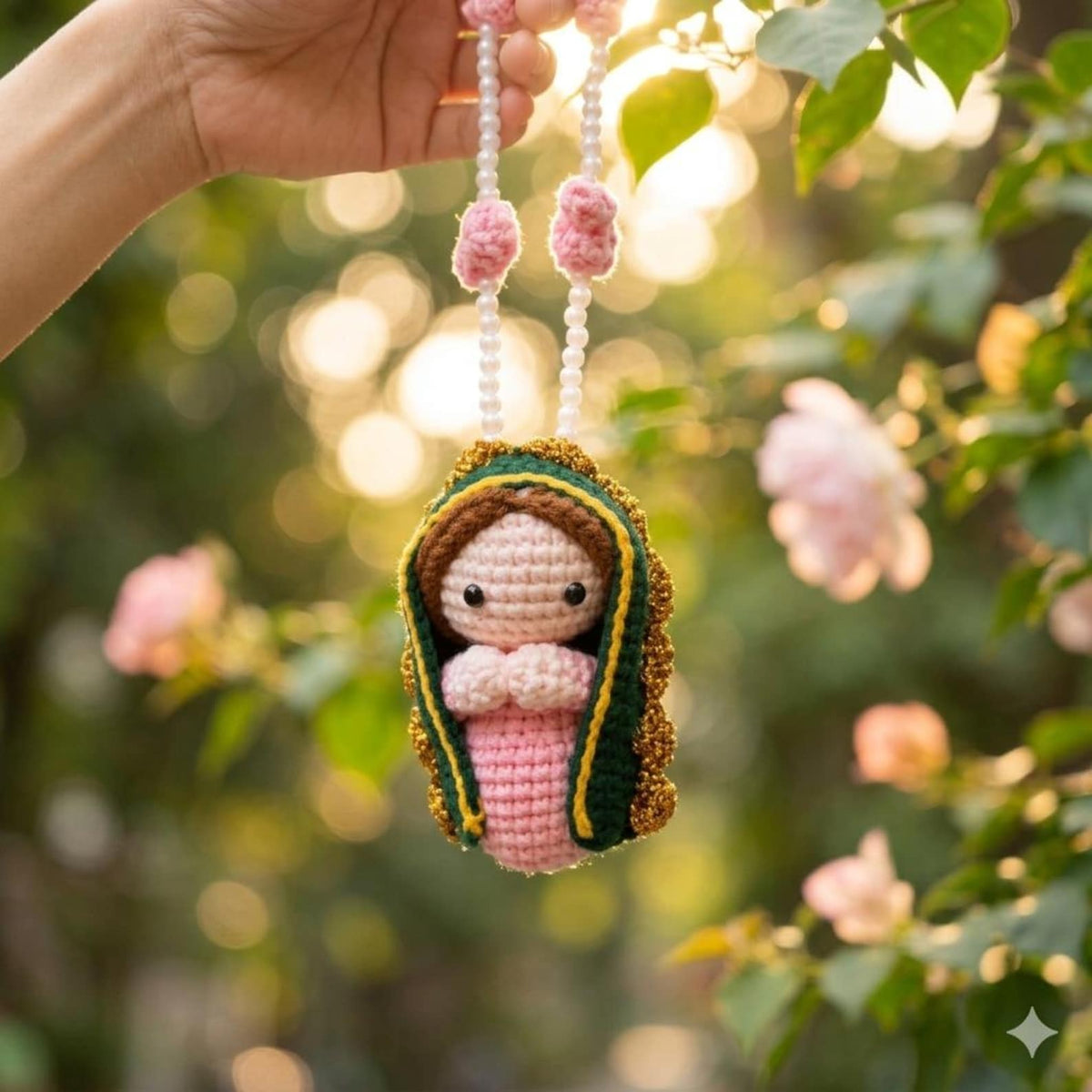 Crochet Virgin Mary Car Hanging Charm - Handmade Our Lady Rearview Mirror Ornament Catholic Car Decor