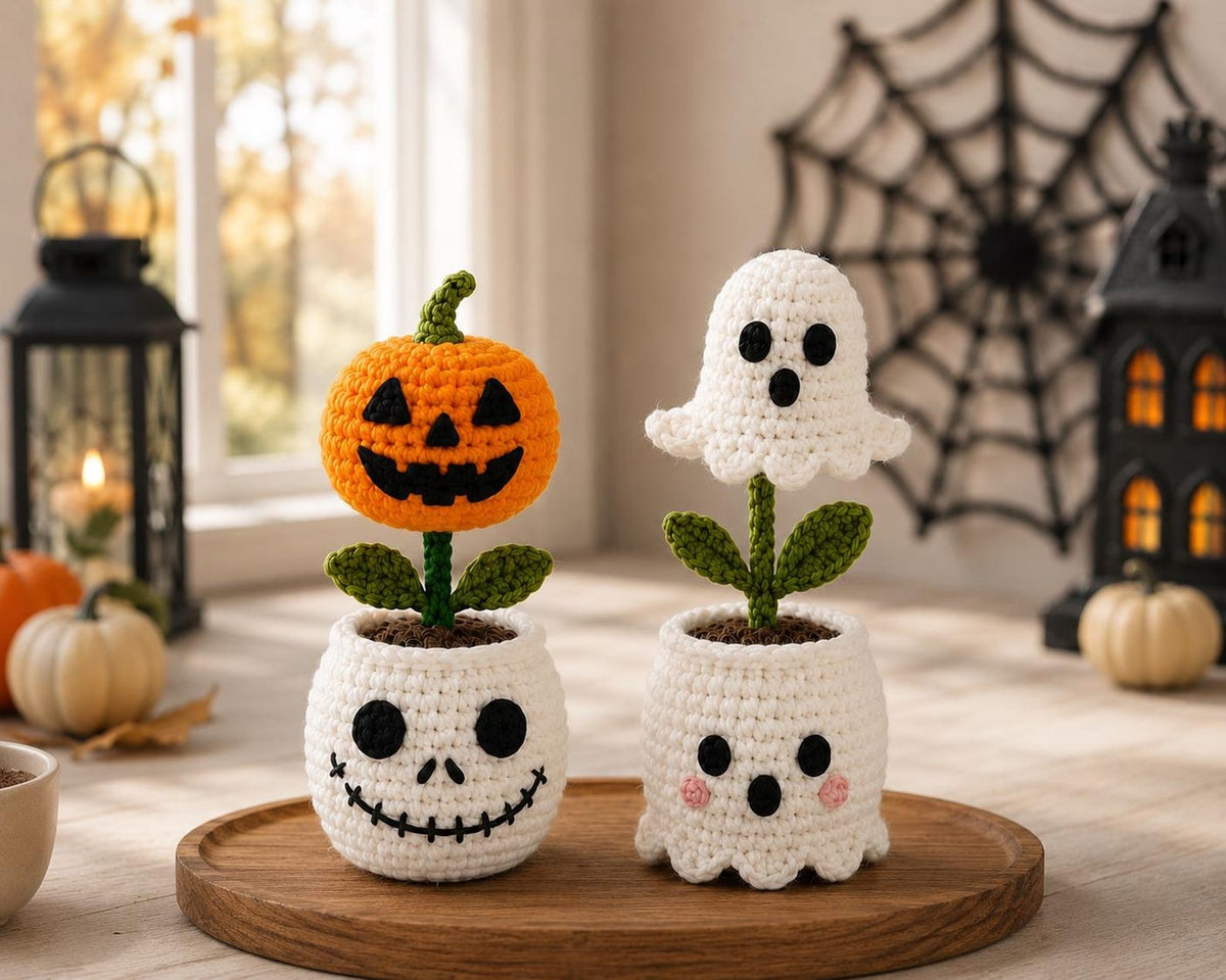 Halloween Crochet Plant Pot Set,Ghost Pumpkin Bat Eyeball Decor,Handmade Amigurumi Desk Decoration,Cute Fall Home Decor Gift,Fall Home Gift