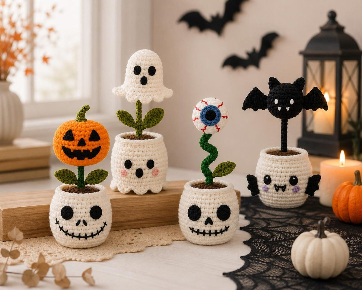 Halloween Crochet Plant Pot Set,Ghost Pumpkin Bat Eyeball Decor,Handmade Amigurumi Desk Decoration,Cute Fall Home Decor Gift,Fall Home Gift