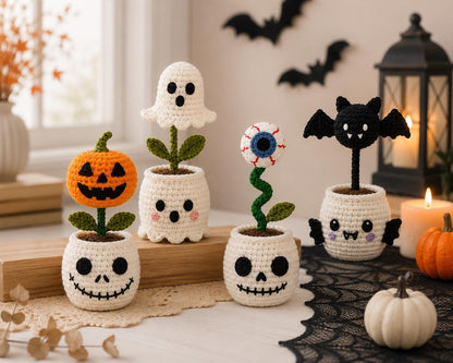 Halloween Crochet Plant Pot Set,Ghost Pumpkin Bat Eyeball Decor,Handmade Amigurumi Desk Decoration,Cute Fall Home Decor Gift,Fall Home Gift