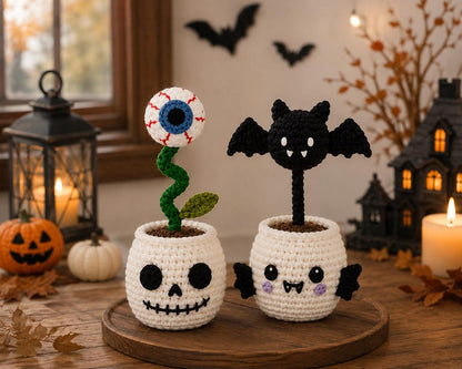 Halloween Crochet Plant Pot Set,Ghost Pumpkin Bat Eyeball Decor,Handmade Amigurumi Desk Decoration,Cute Fall Home Decor Gift,Fall Home Gift