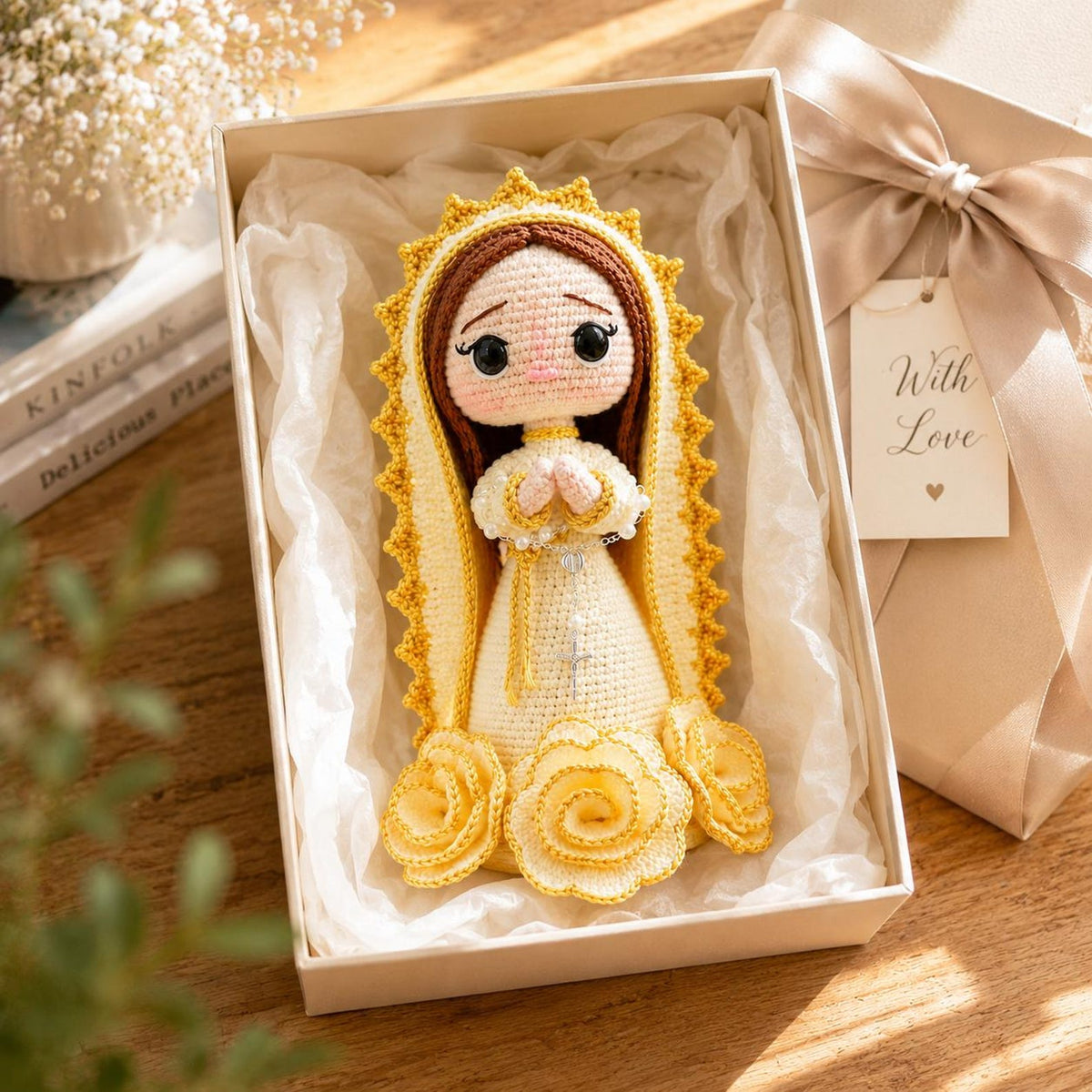 Handmade Virgin Mary Crochet Doll, Cream Gold Praying Our Lady Religious Decor
