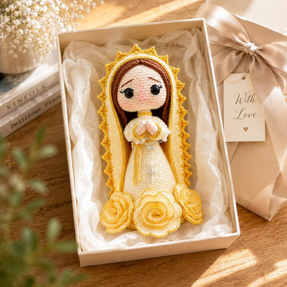 Handmade Virgin Mary Crochet Doll, Cream Gold Praying Our Lady Religious Decor