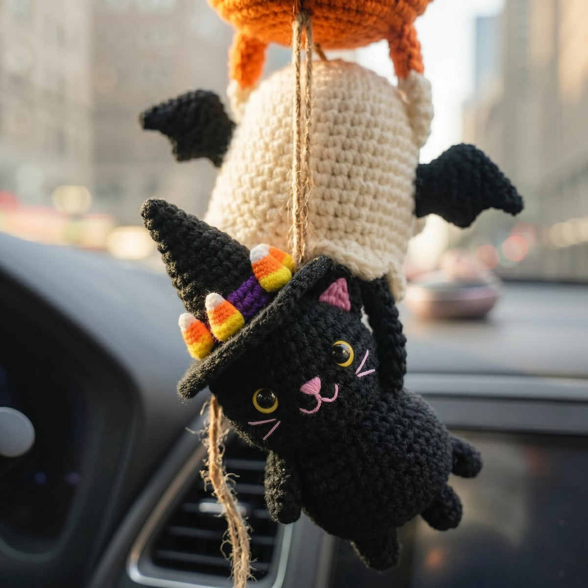Crochet Halloween Car Mirror Hanger, Pumpkin Ghost Black Cat Witch Hat Amigurumi Charm, Cute Rearview Mirror Accessory, Car Decor Gift