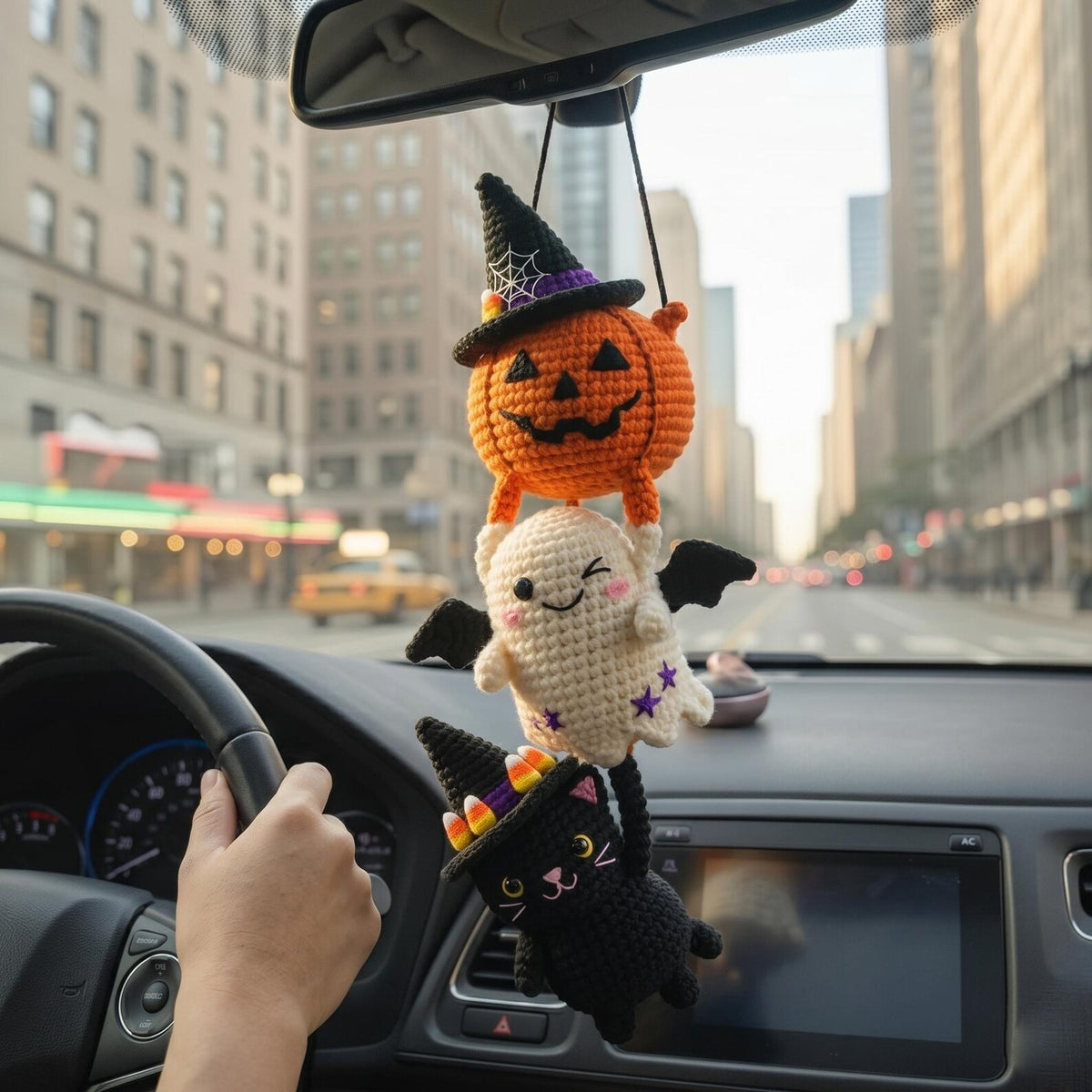 Crochet Halloween Car Mirror Hanger, Pumpkin Ghost Black Cat Witch Hat Amigurumi Charm, Cute Rearview Mirror Accessory, Car Decor Gift