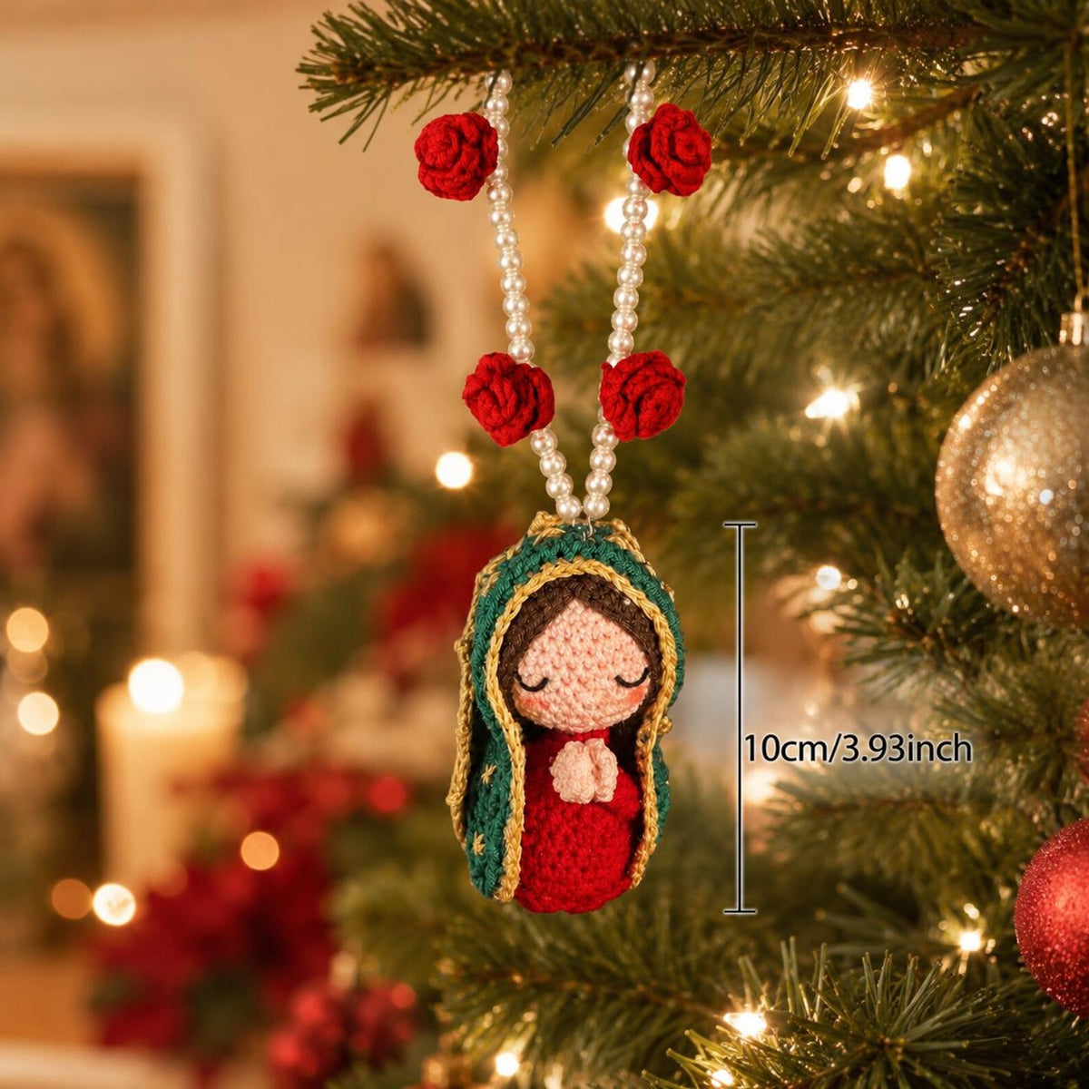 Crochet Virgin Mary Ornament, Catholic Christmas Tree Decor, Floral Religious Hanging, Handmade Guadalupe Gift, Christian Holiday Decoration